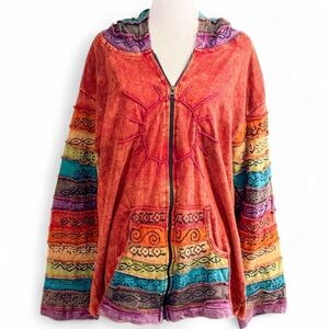 Boho Patchwork Sun Zip Hoodie XXL Festival Hippie Jacket